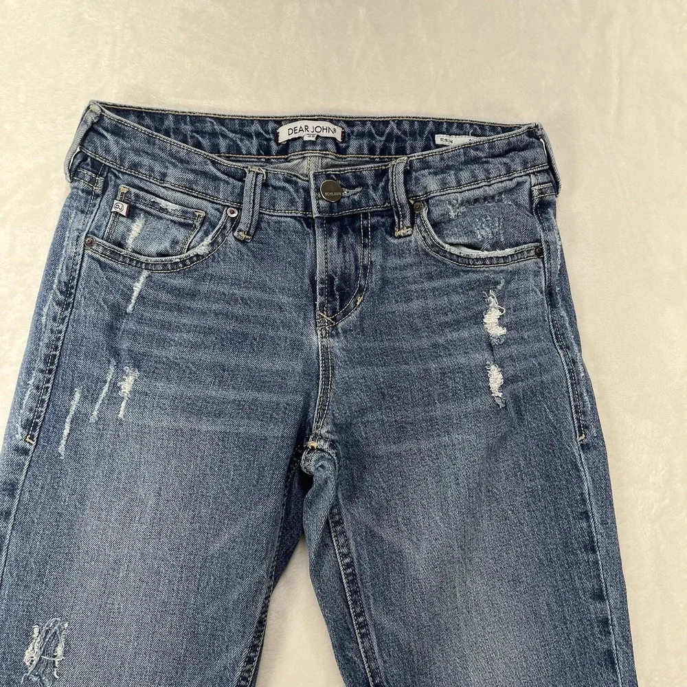 Dear John Erin Slim Straight Jeans Womens 25 Medium Wash Denim Distressed